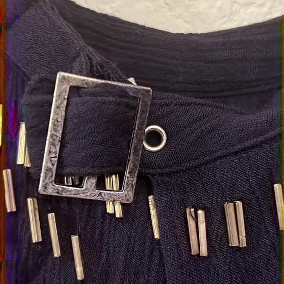 Free People navy blue beaded sleeves less & open back, snap & buckle collar top. - Picture 6 of 10